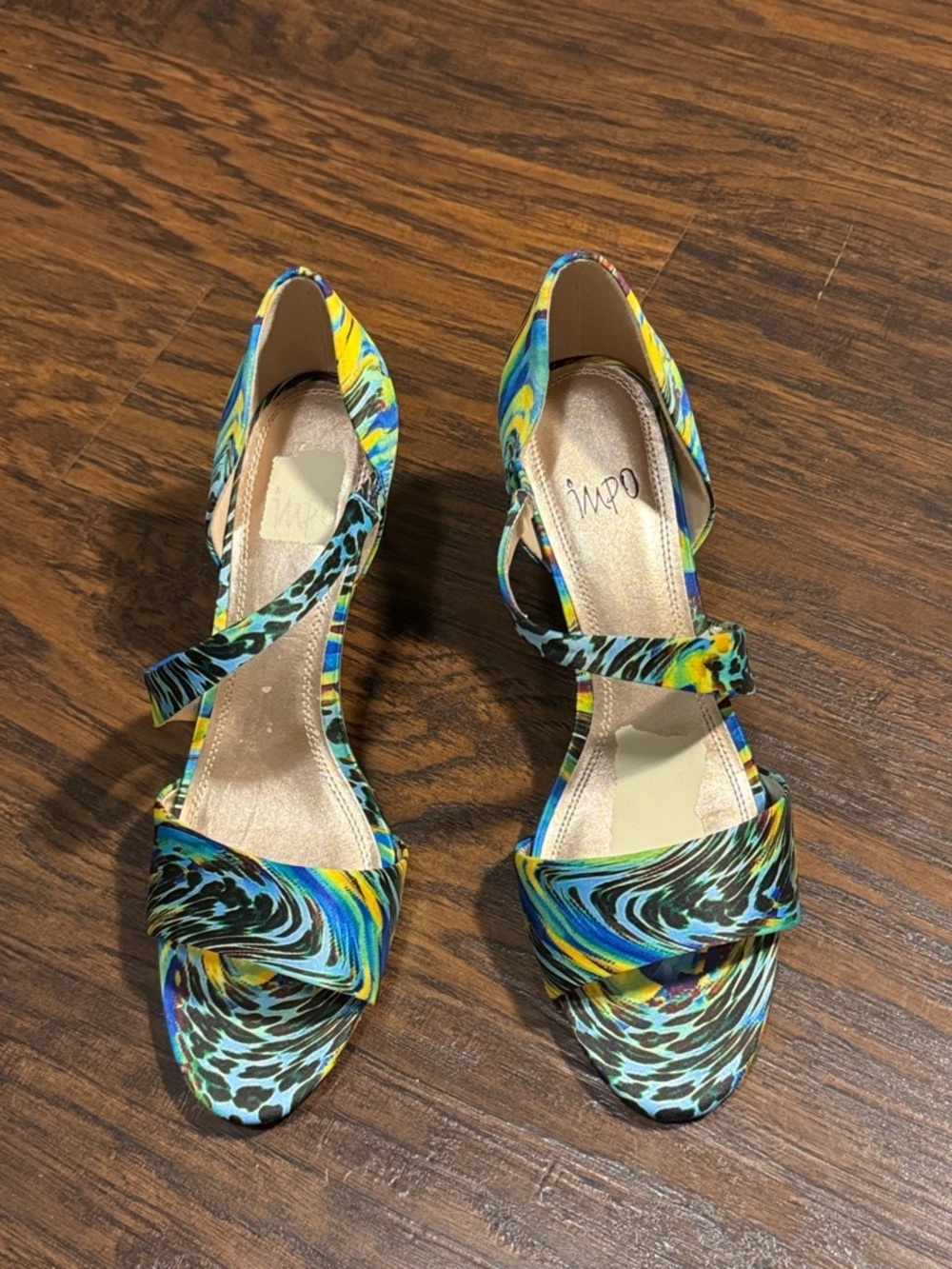 Impo Multicolor Swirl Open-Toe Heels in Blue, Yellow & Green, Never Worn
